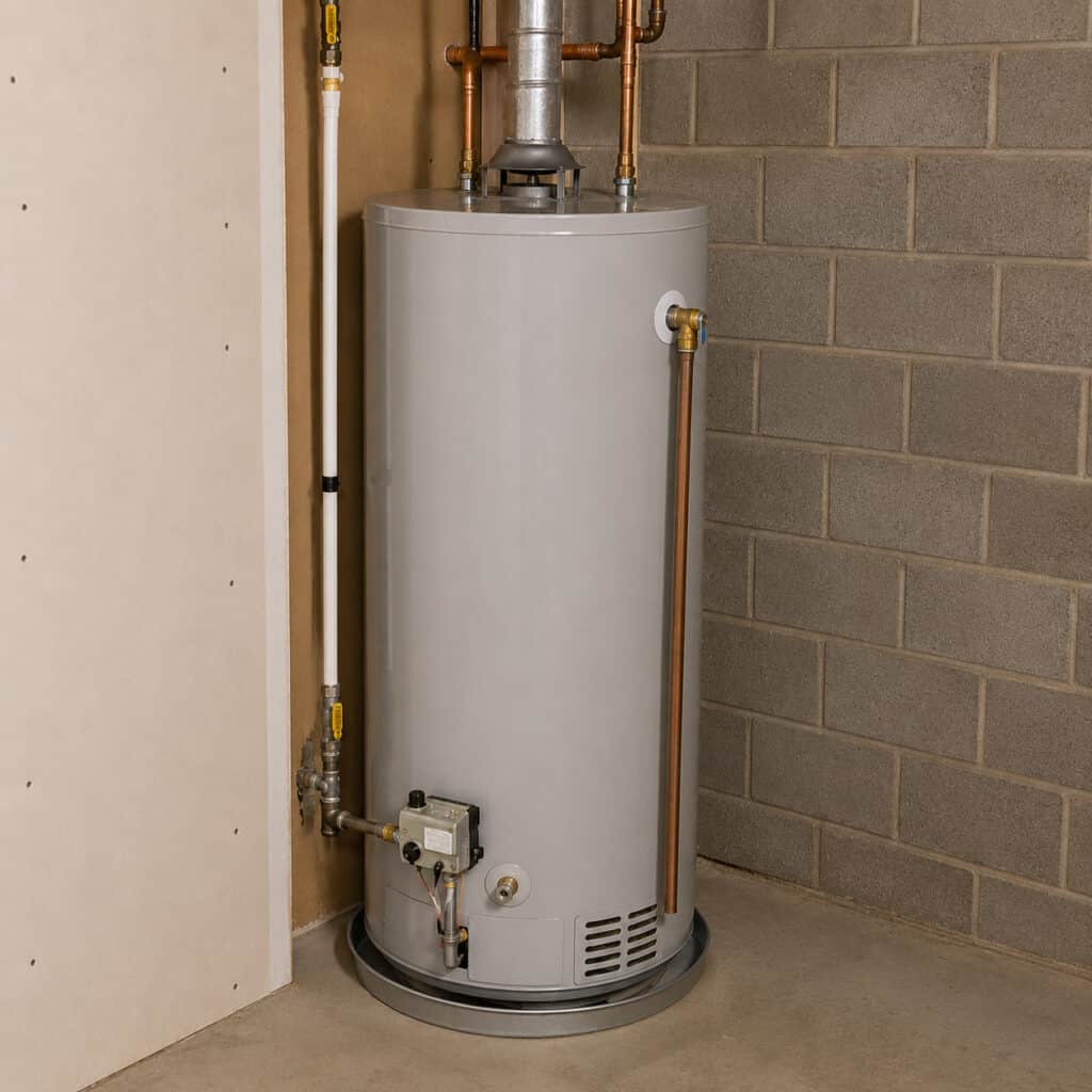 Gas storage tank water heater installed in a home utility closet