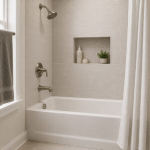 Tub and shower combo with brushed nickel fixtures and tile surround