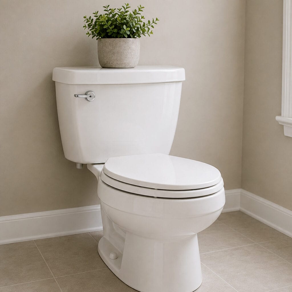 Newly installed white toilet in a bathroom with tile flooring