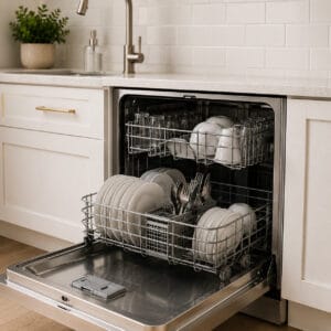 Open built-in dishwasher fully loaded with dishes, glasses, and utensils in a modern white kitchen