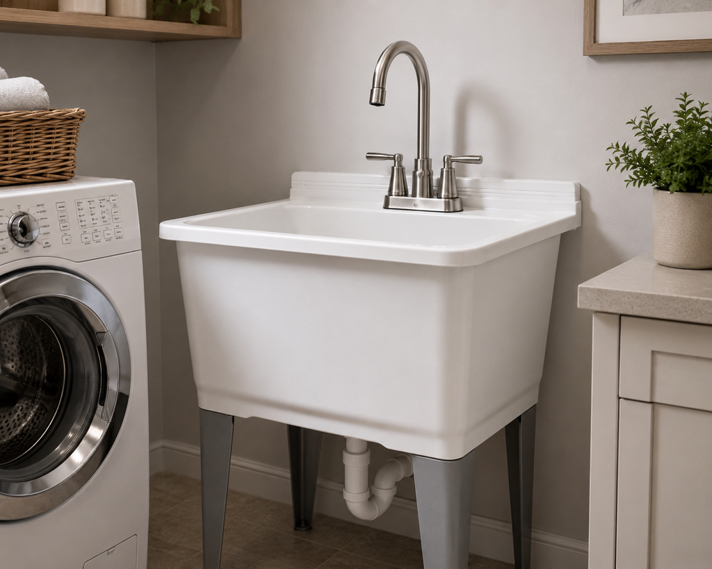 Newly installed white laundry tub with stainless faucet and visible drain plumbing in a home laundry room